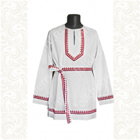 Рубаха мужская Колосок, лён белый, декор красный- фото 1